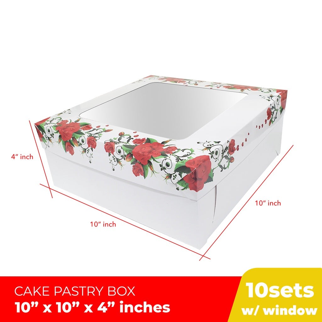 Flower Floral Design Cake Pastry Box 10 x 10 x 4 inches w/ Window Glossy Finish (10sets)