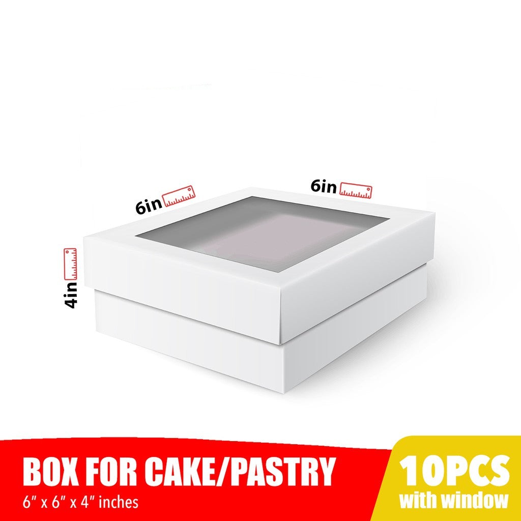 Cake Pastry Box Easy Assembly 6 x 6 x 4 inches w/Window Cover and Box Shiny Finish (10pcs)