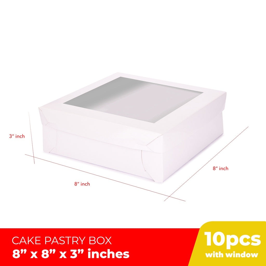 Cake Pastry Box Easy Assembly 8 x 8 x 3 inches w/Window Cover and Box Shiny Finish (10sets)