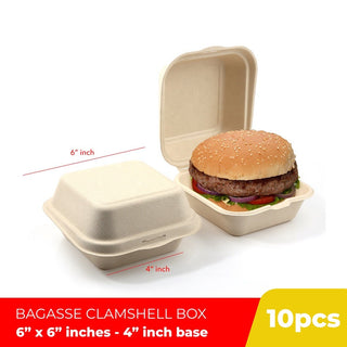 Biodegradable Sugarcane Bagasse Clamshell Burger Bento Box 6 x 6 inches 450ml (10 pcs)