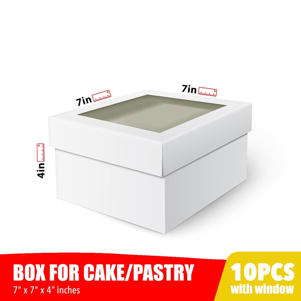 Cake Pastry Box Easy Assembly 7 x 7 x 4 w/Window Cover and Box Shiny Finish (10sets)