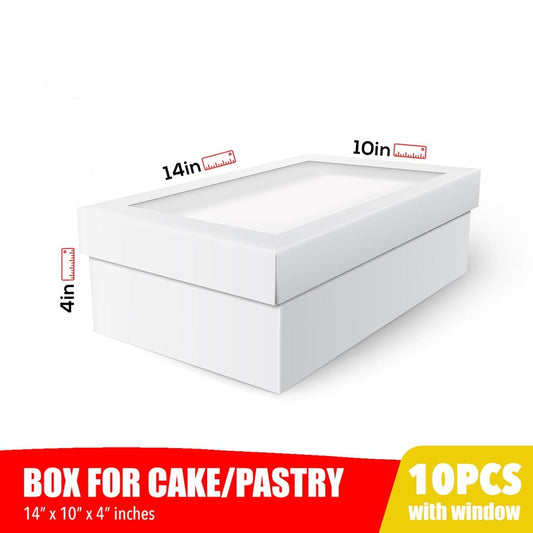 Cake Pastry Box Easy Assembly Sturdy 14 x 10 x 4 w/Window Cover and Box Shiny Finish inches (10sets)