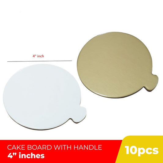 Mini Cake Board Round 4 inches Laminated with Handle for Mousse Cupcake Dessert (10pcs)