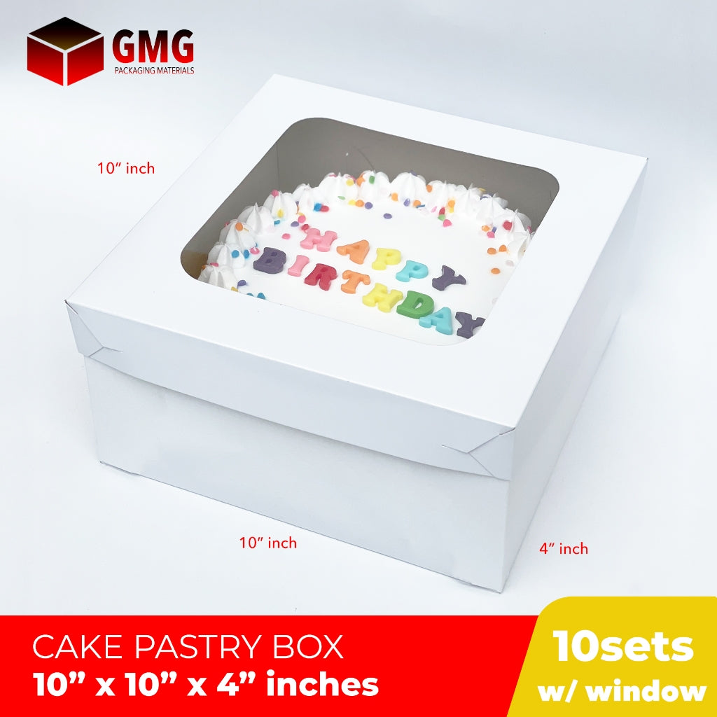 Cake Pastry Box Easy Assembly Sturdy 10 x 10 x 4 w/ Window Cover and Box Shiny Finish (10sets)