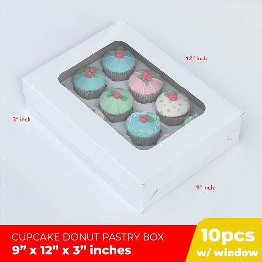 Cupcake Cake Pastry Box w/Window Cover and Box Glossy Shiny Finish 9 x 12 x 3 inches (10sets)