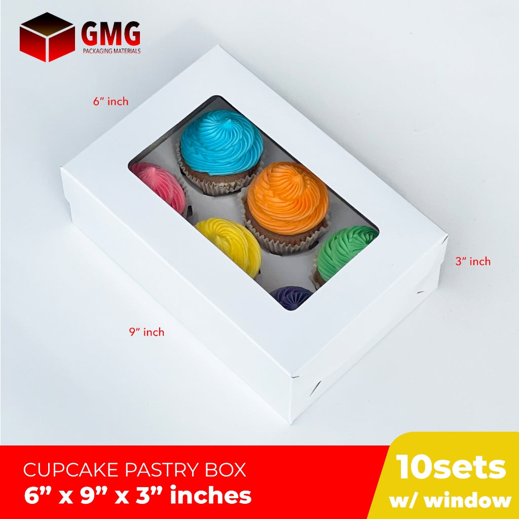 Cupcake Pastry Box w/Window Cover and Box Glossy Shiny Finish 6 x 9 x 3 inches (10sets)