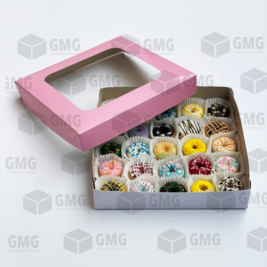 PINK Mini Donut Pastry Box 10 x 10 x 2 inches w/ Window and Box Glossy Shiny Finish (10 sets)