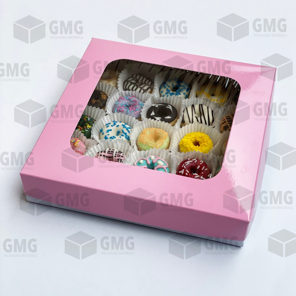 PINK Mini Donut Pastry Box 10 x 10 x 2 inches w/ Window and Box Glossy Shiny Finish (10 sets)