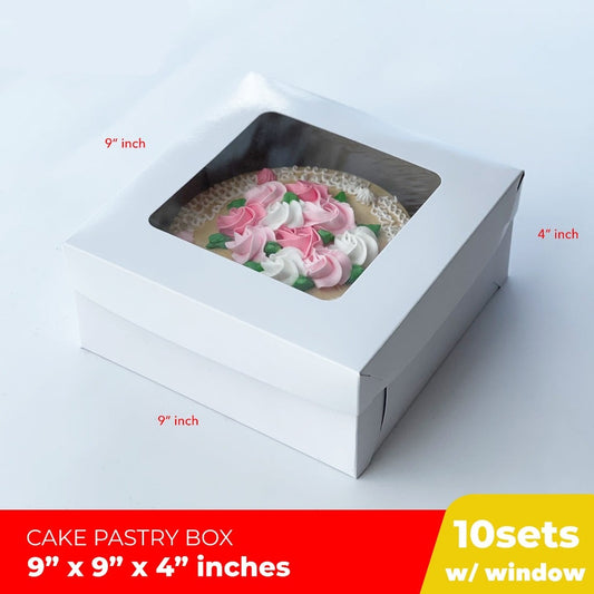 Cake Pastry Box Easy Assembly 9 x 9 x 4 inches w/Window Cover and Box Shiny Finish (10sets)