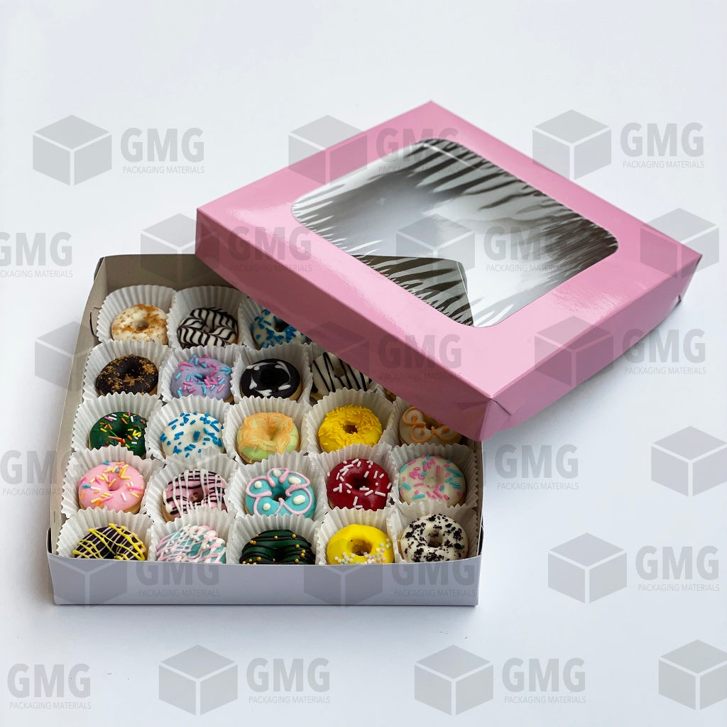 PINK Mini Donut Pastry Box 10 x 10 x 2 inches w/ Window and Box Glossy Shiny Finish (10 sets)