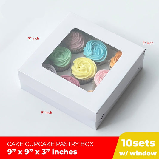 Cupcake (9 holes) Cake Pastry Box 9 x 9 x 3 w/Window Cover and Box Shiny Finish (10sets)