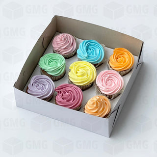 Cupcake (9 holes) Cake Pastry Box 9 x 9 x 3 w/Window Cover and Box Shiny Finish (10sets)