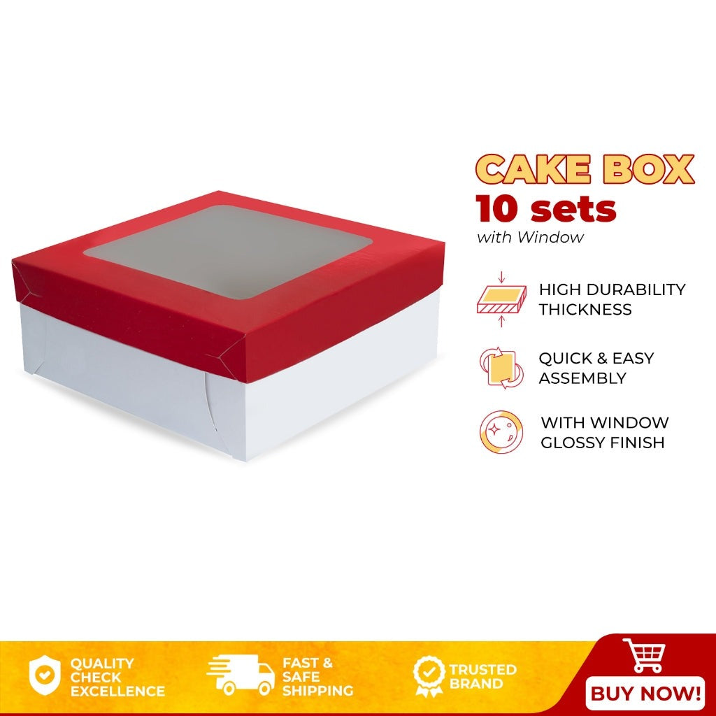 Red Cake Pastry Box 10 x 10 x 4 inches w/ Window Glossy Shiny Finish (10sets)