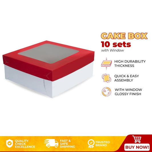 Red Cake Pastry Box 10 x 10 x 4 inches w/ Window Glossy Shiny Finish (10sets)