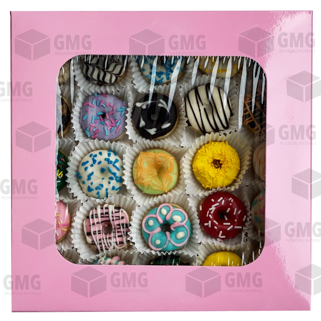 PINK Mini Donut Pastry Box 10 x 10 x 2 inches w/ Window and Box Glossy Shiny Finish (10 sets)