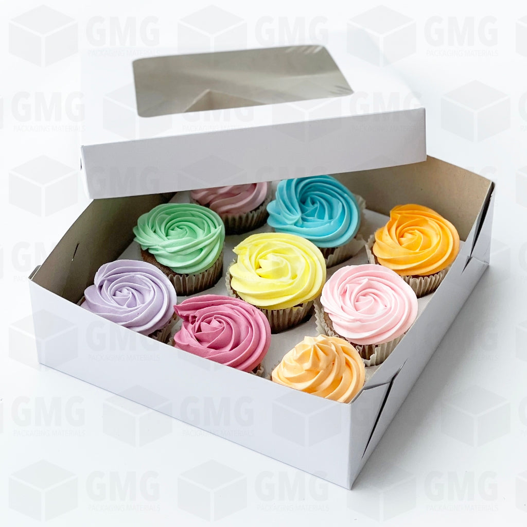 Cupcake (9 holes) Cake Pastry Box 9 x 9 x 3 w/Window Cover and Box Shiny Finish (10sets)