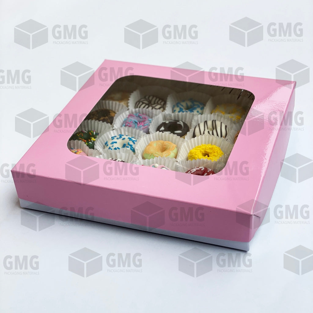 PINK Mini Donut Pastry Box 10 x 10 x 2 inches w/ Window and Box Glossy Shiny Finish (10 sets)