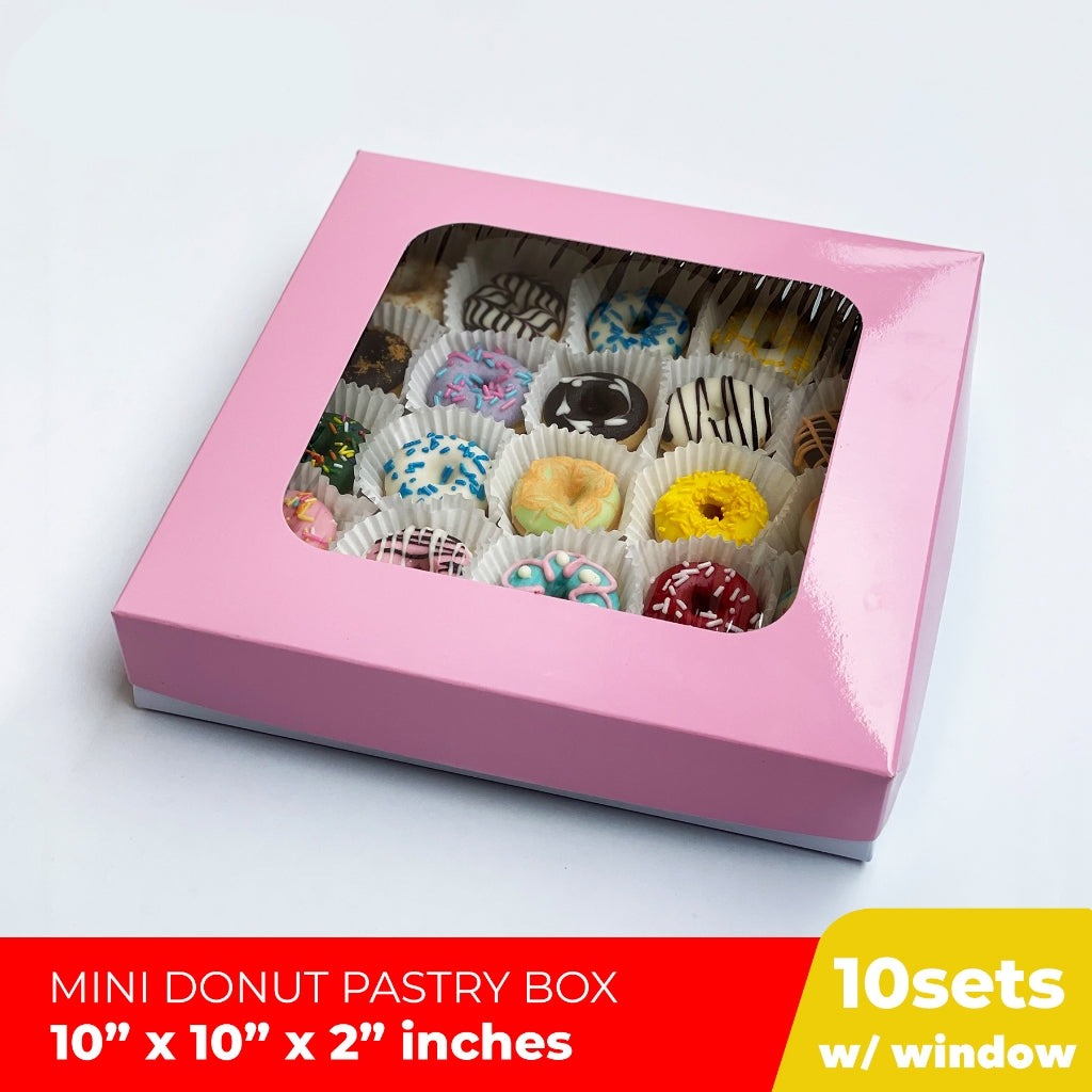 PINK Mini Donut Pastry Box 10 x 10 x 2 inches w/ Window and Box Glossy Shiny Finish (10 sets)