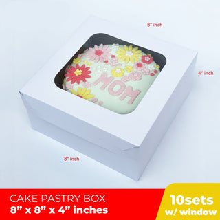 Cake Pastry Box Easy Assembly 8 x 8 x 4 inches w/Window Cover and Box Shiny Finish (10sets)