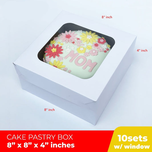 Cake Pastry Box Easy Assembly 8 x 8 x 4 inches w/Window Cover and Box Shiny Finish (10sets)