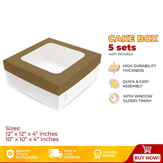 Gold Cake Pastry Box w/ Window Glossy Shiny Finish (10sets)