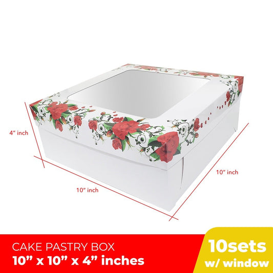 Flower Floral Design Cake Pastry Box 10 x 10 x 4 inches w/ Window Glossy Finish (10sets)